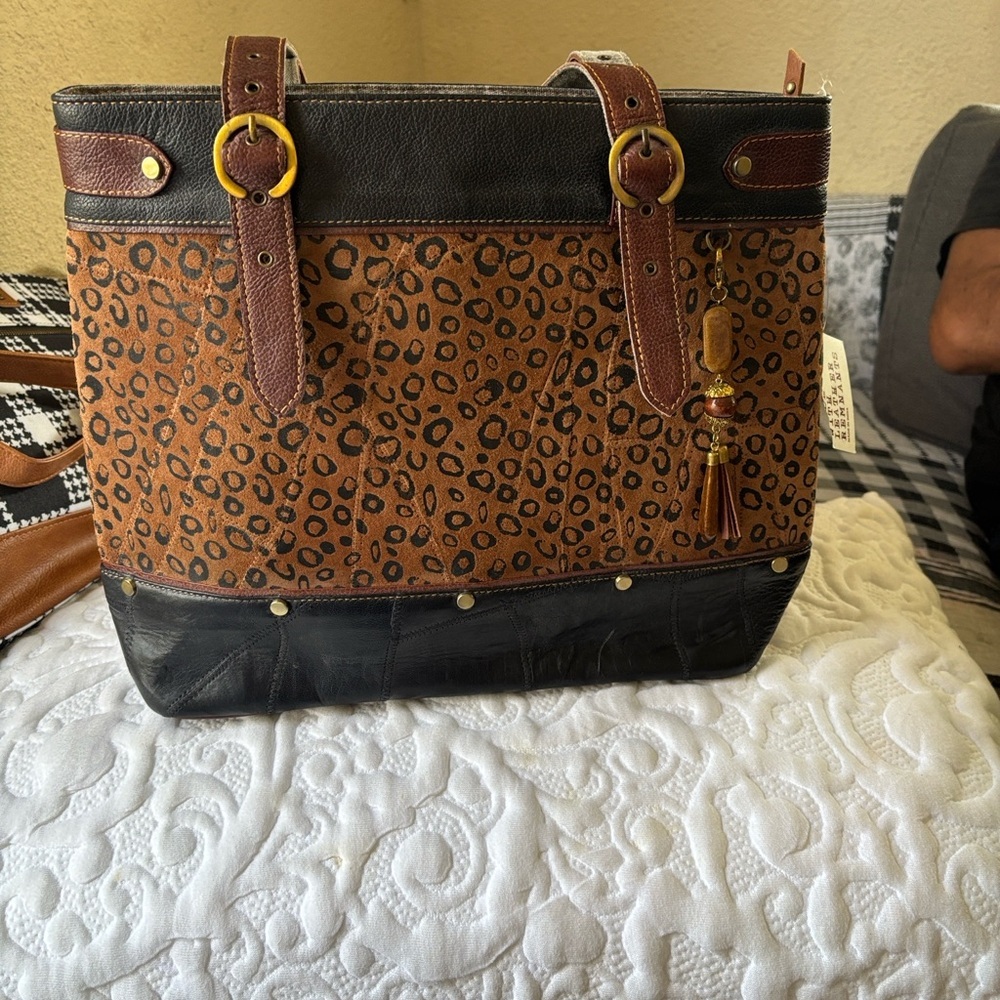 Leopard Print Tote with Black Trim and Brown Accents